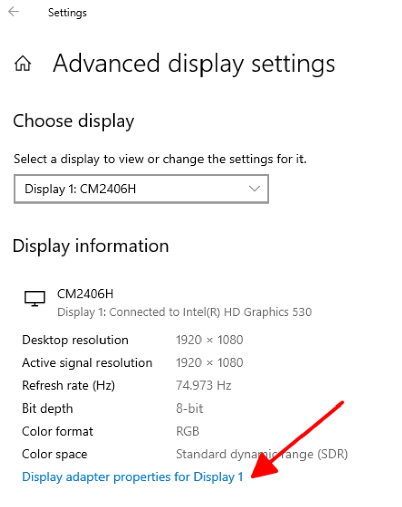 select Display adapter properties for Display 1 on Windows 10 PC