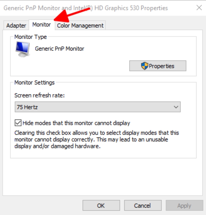 select Monitor tab in Intel HD Graphics 540 Properties