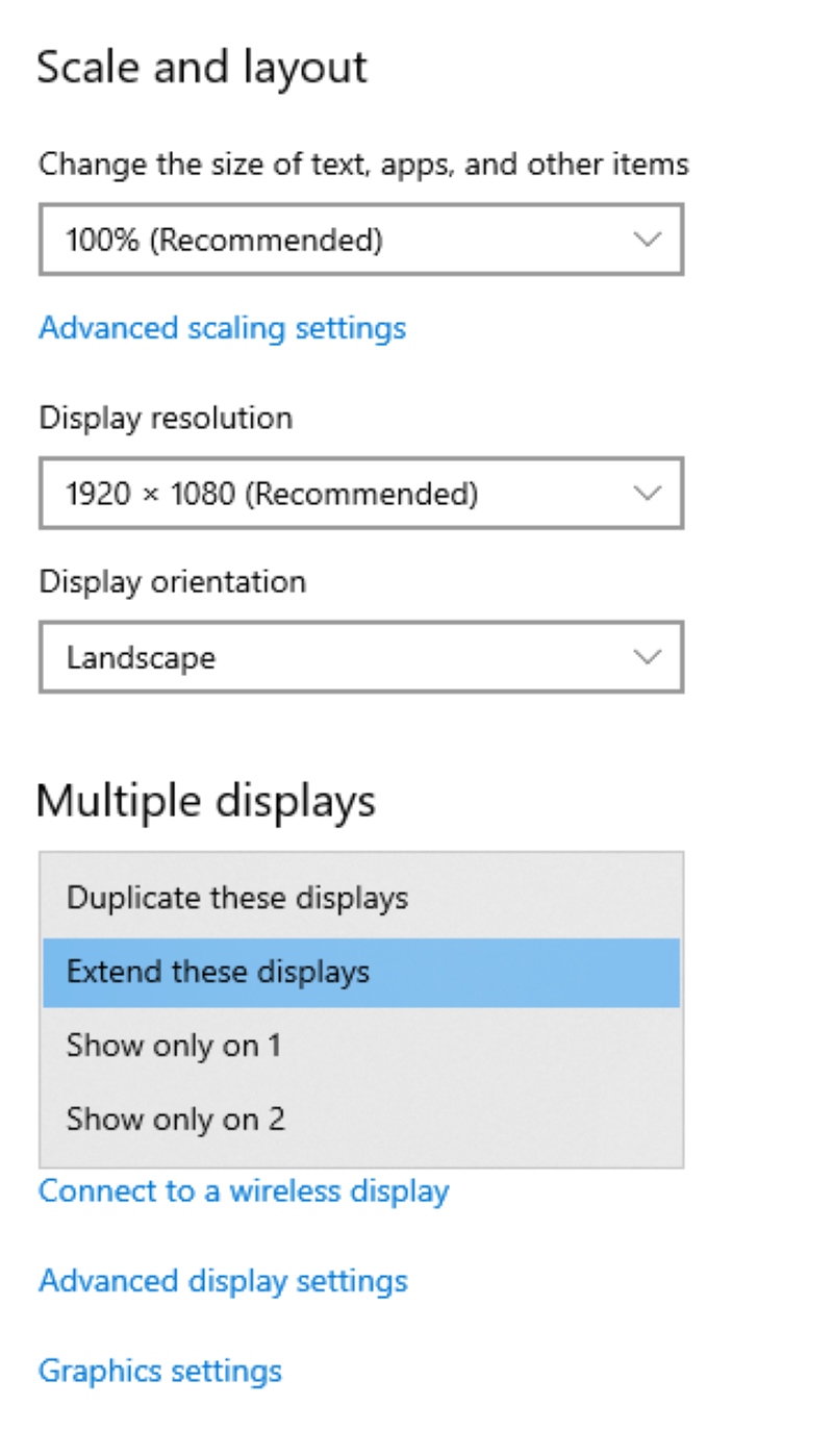 select the Extend these displays in Multiple Displays settings
