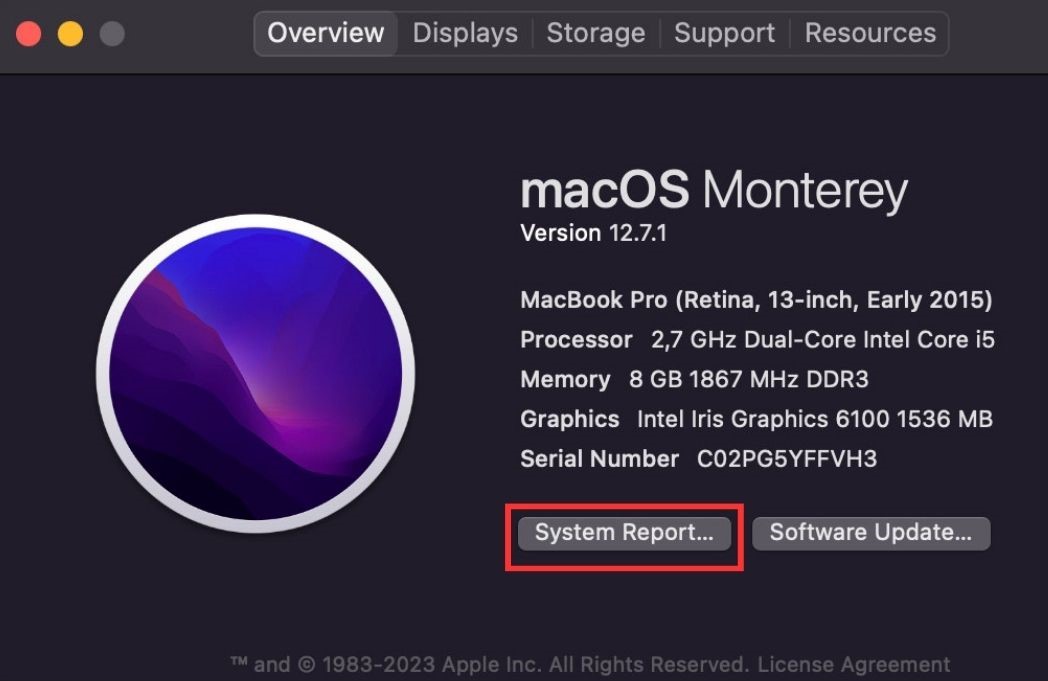 system report is highlighted on a macbook