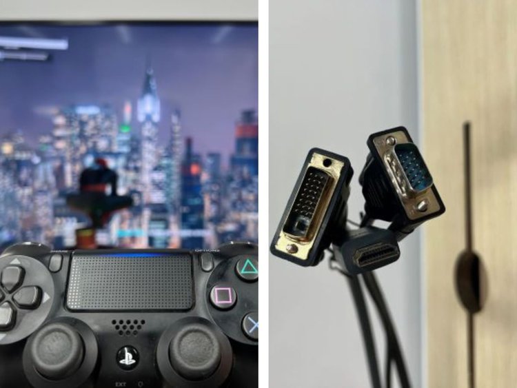 Spider-man game on the left with Sony TV and DVI, HDMI and VGA cables on the right