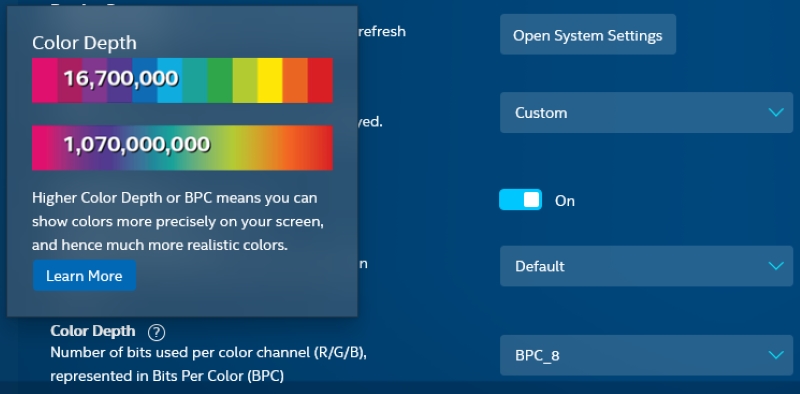 Color Depth Information in Windows PC Graphics display settings