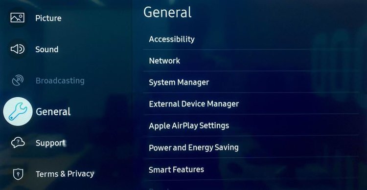 General settings on Samsung TV