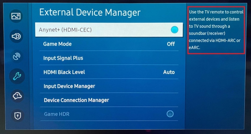 HDMI CEC description info on Samsung TV