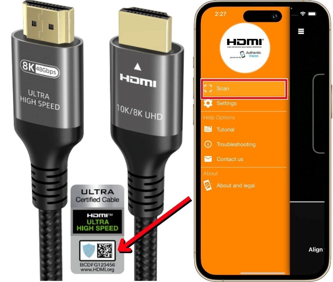 HDMI cable with the QR code to scan on the HDMI verification app