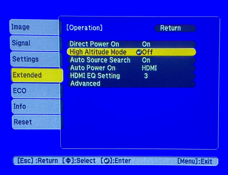 High Altitude Mode option in Epson projector settings screen