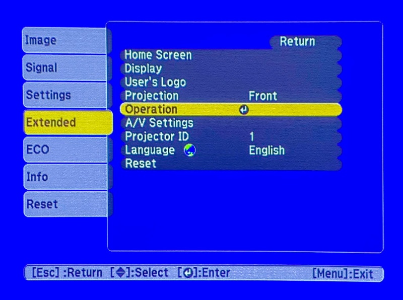 Operation options in Epson projector Extended settings screen
