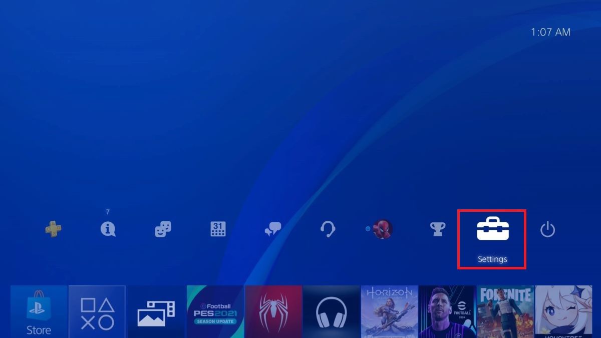 PS4's home menu interface with the Settings is highlighted with a red box