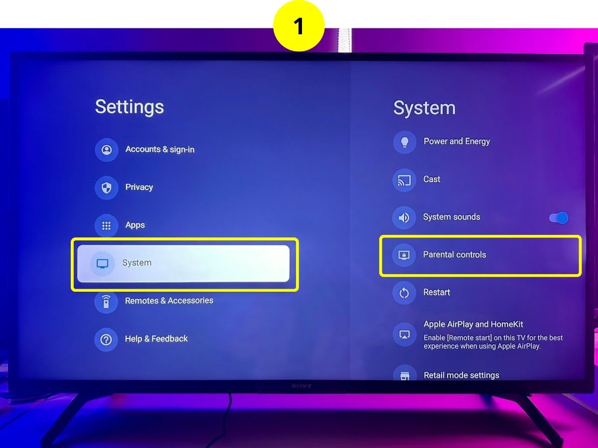 Step 1 - In the Settings menu, go to System, then Parental Controls on a sony tv