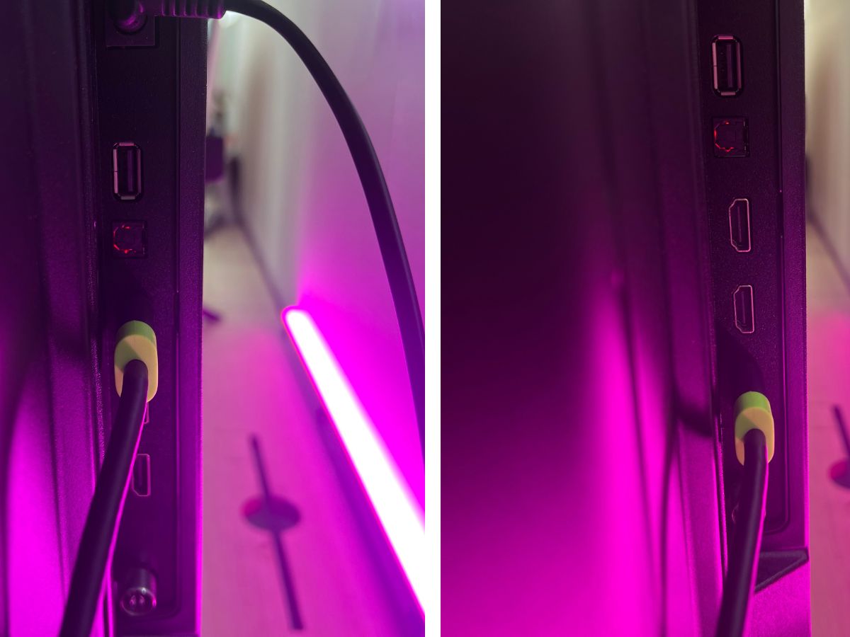 An HDMI cable is switched between the HDMI port at the back of the Samsung TV