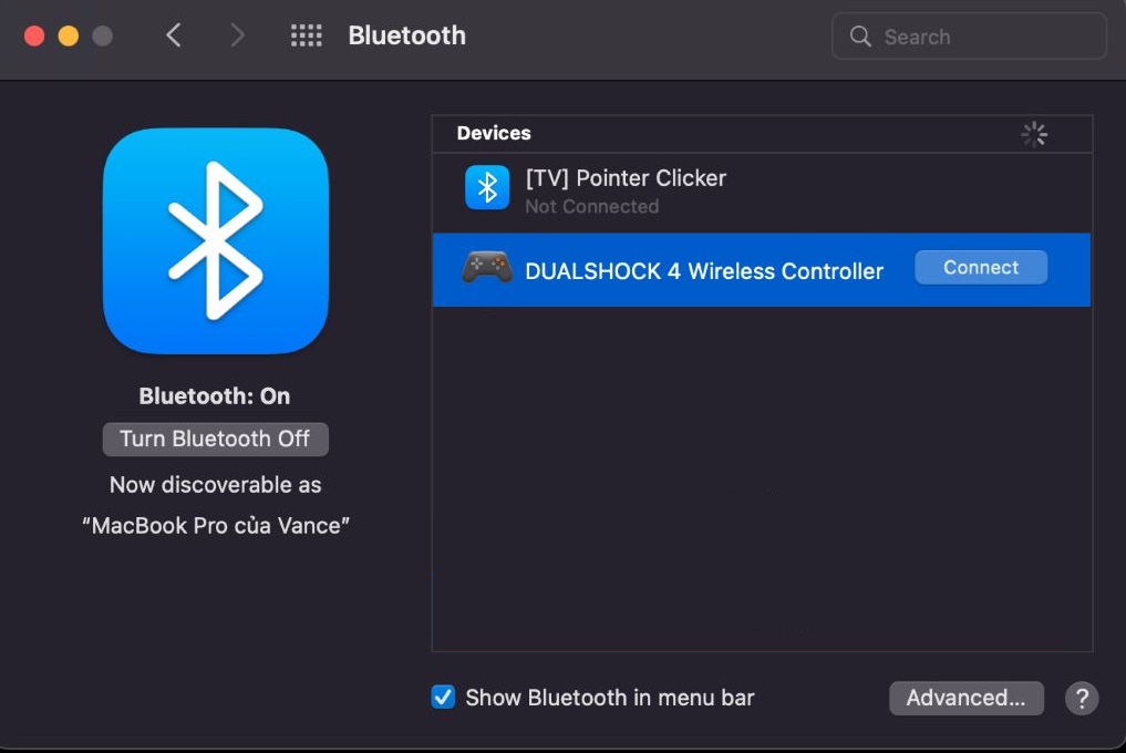 The DualShock PS4 controller is connected to MacBook via Bluetooth connection