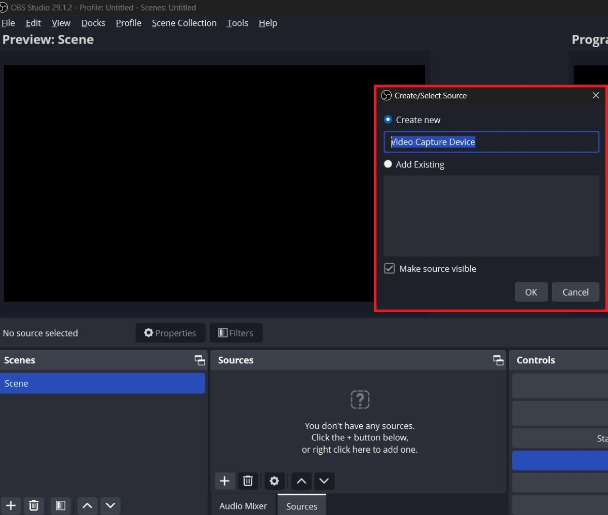 The create or select source on OBS app running on Windows