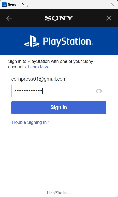 The sign-in interface of the Remote Play app with a Gmail and password are entered