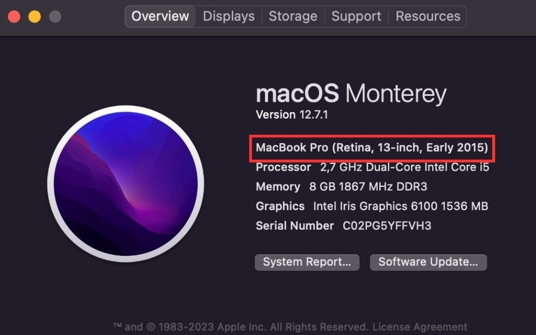 a macbook model name is highlighted