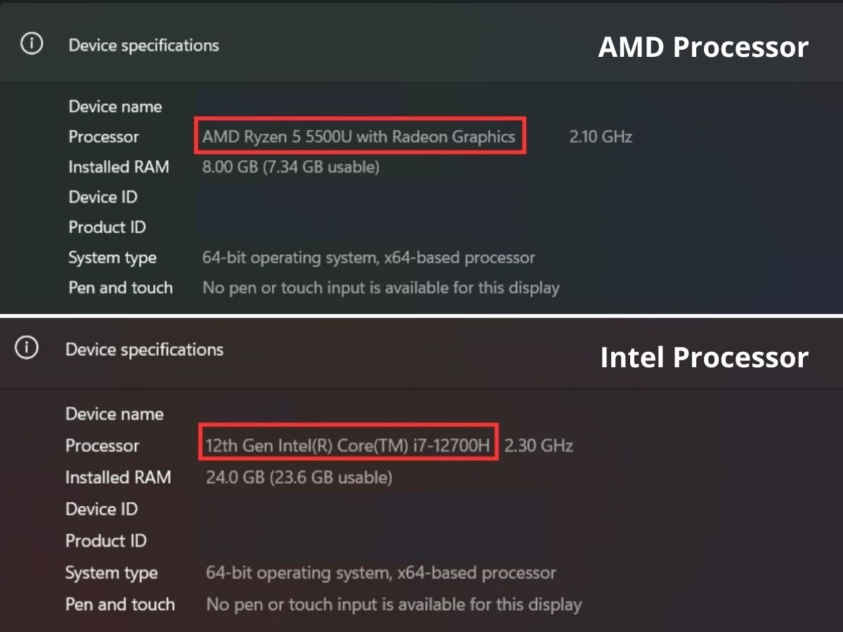 amd & intel processor rows on windows computers are highlighted