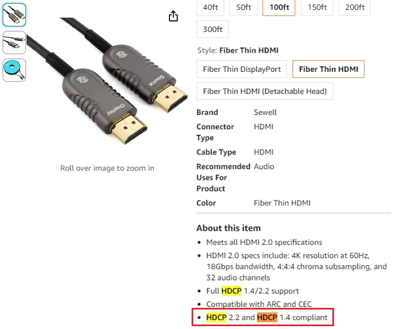 check HDCP-compliant info on an HDMI cable on the Amazon page