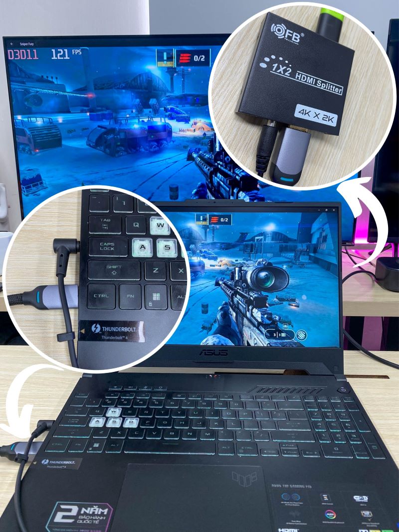 connect a laptop to a TV via an HDMI cable and a HDMI splitter