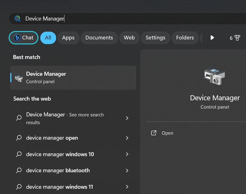 device manager is entered on a searchbar of a windows computer