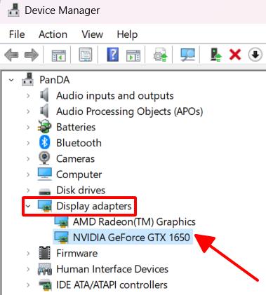 display adapters is highlighted, a gpu is pointed at