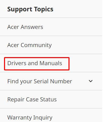 drivers and manuals is highlighted