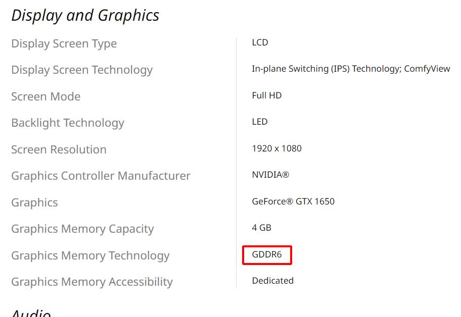 gddr6 specs of a laptop is highlighted
