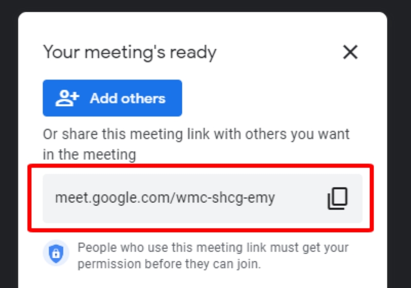 highlighted share link of a Google Meet call