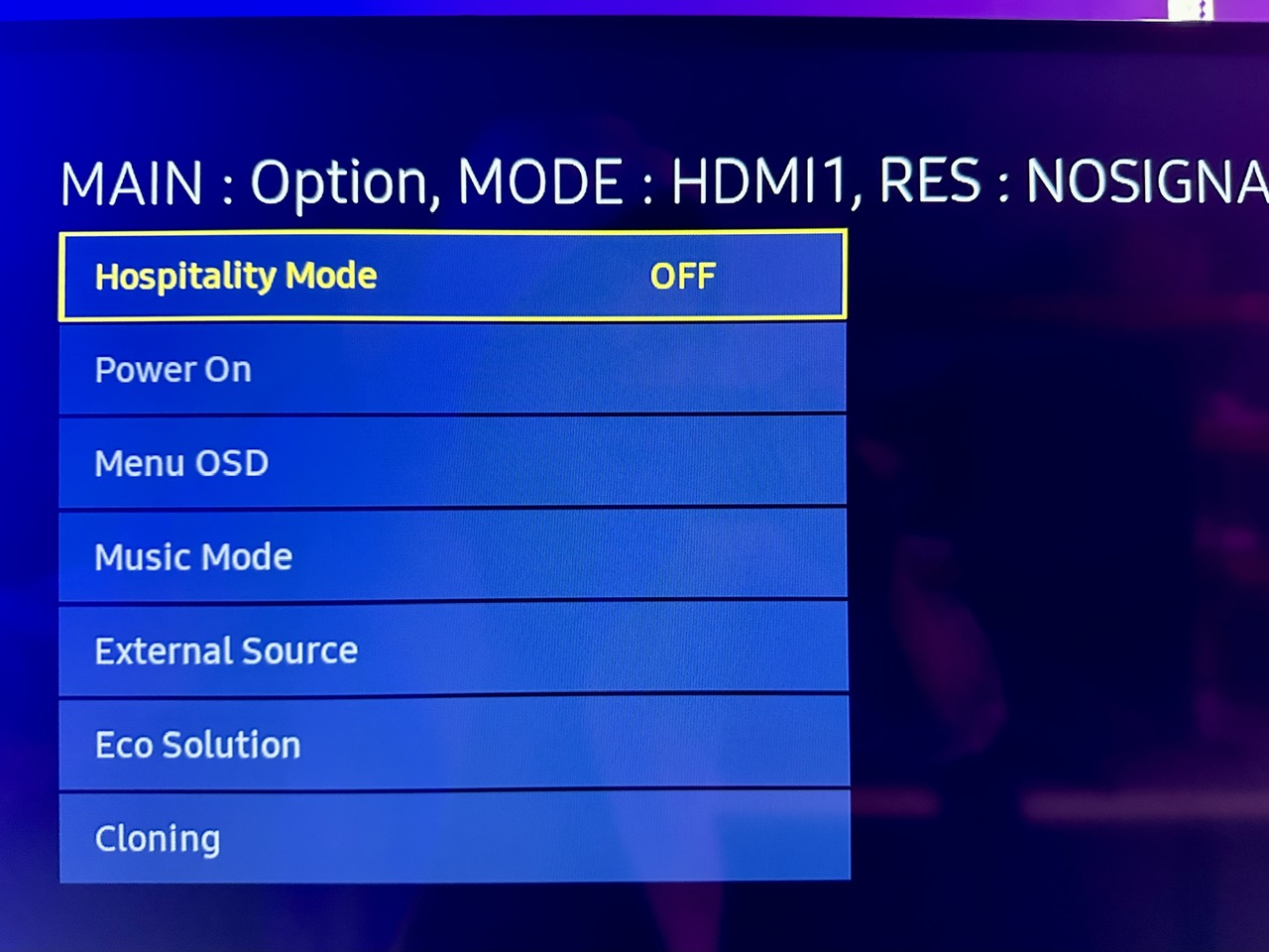 hospitality mode is turned off on a samsung tv