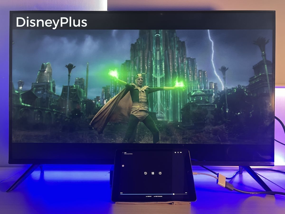 iPad 10 is connected to Lightning to HDMI adapter and streaming Disney+ on a Samsung TV