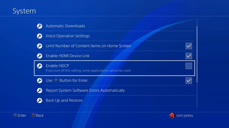 Disable the HDCP feature on the PS4 settings