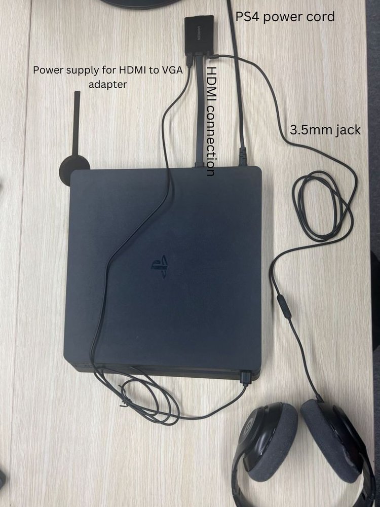 A PS4 console connecting to HDMI to VGA adapter and a VGA monitor with Beats headphones