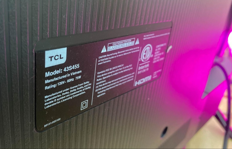 information label on the rear side of a TCL Roku TV