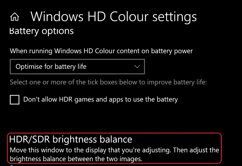navigate to HDR or SDR brightness balance in Windows HD Colour settings