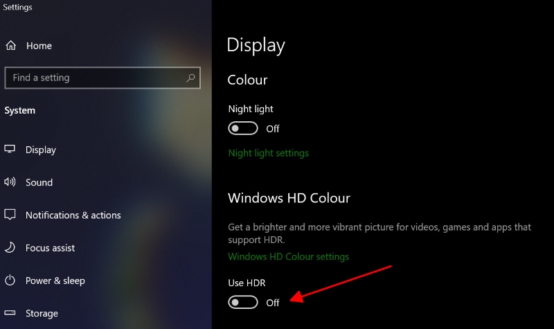 pointing to the HDR feature is off on Windows PC Display settings