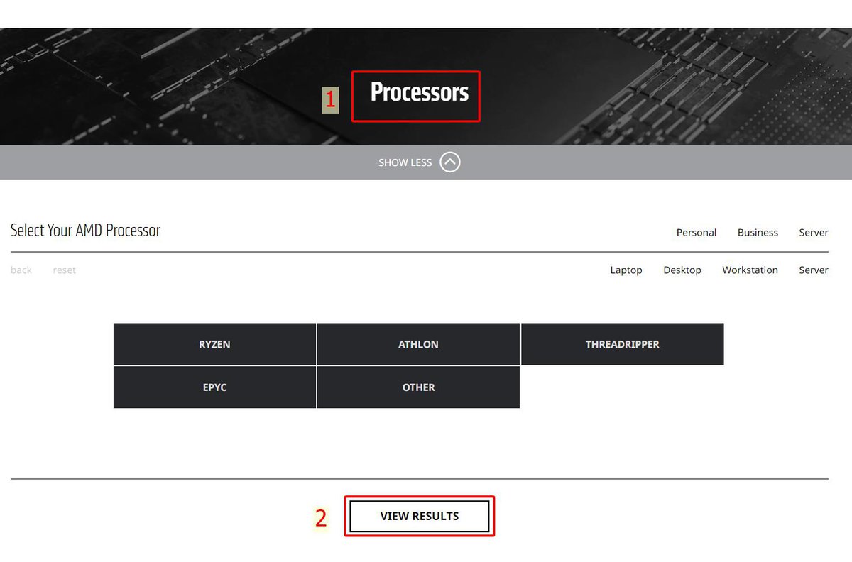 processors and view results options are highlighted & numbered