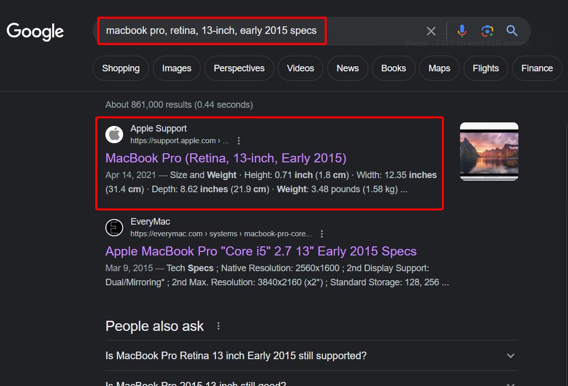 search for a macbook model on google, apple support website and the search bar are highlighted