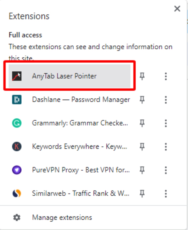 select AnyTab Laser Pointer in the Google Chrome extension list