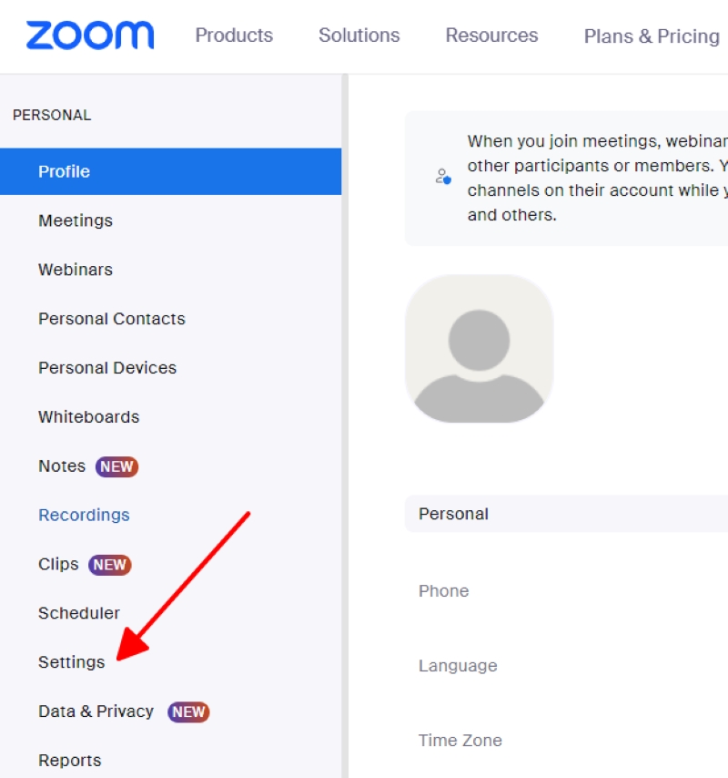 select Settings in the Zoom Personal panel