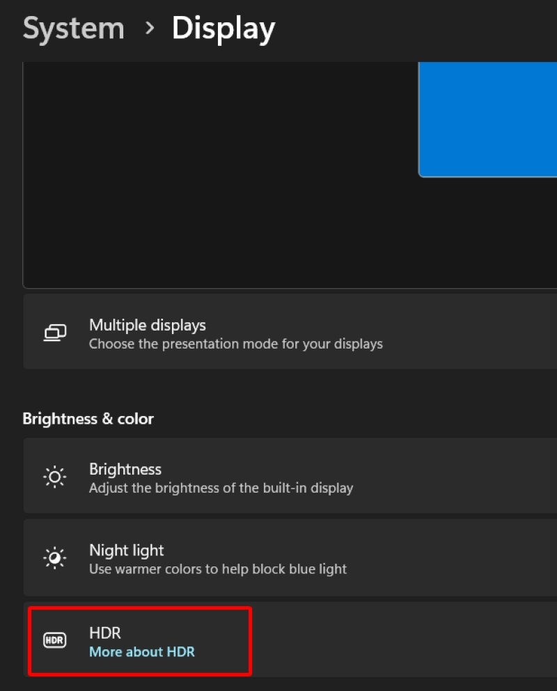 select the HDR option in Windows 11 Display settings