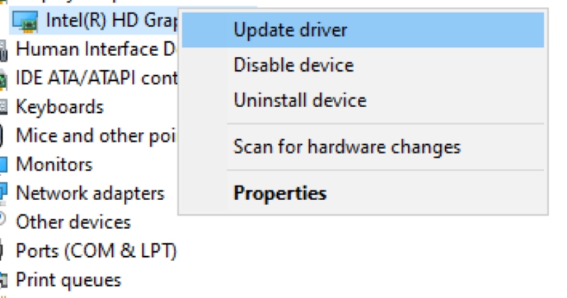 select the Update driver option on Windows PC