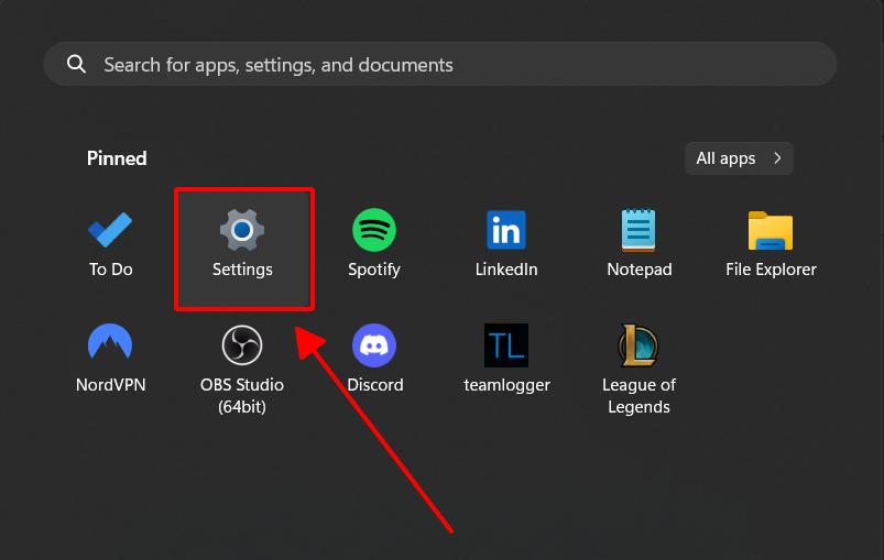 settings app is highlighted and pointed at