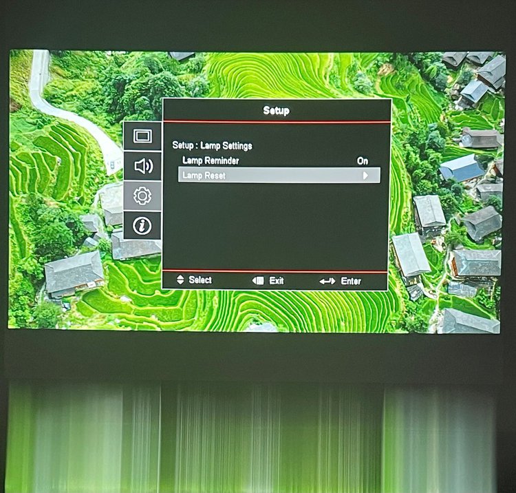 setup menu of an optoma projector, lamp reset is highlighted