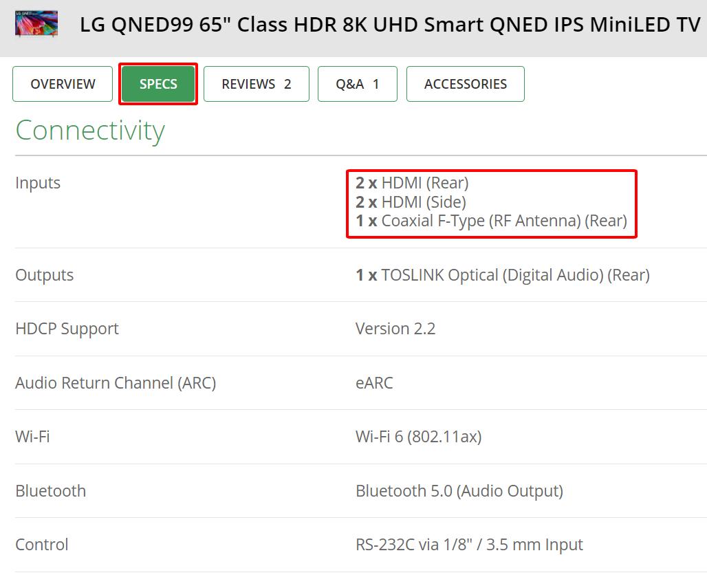 specs, inputs information of an lg qned99 are highlighted