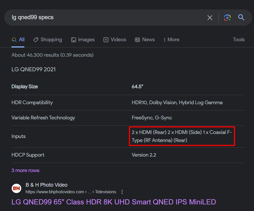 specs of an lg qned99 when search on google, the inputs information is highlighted