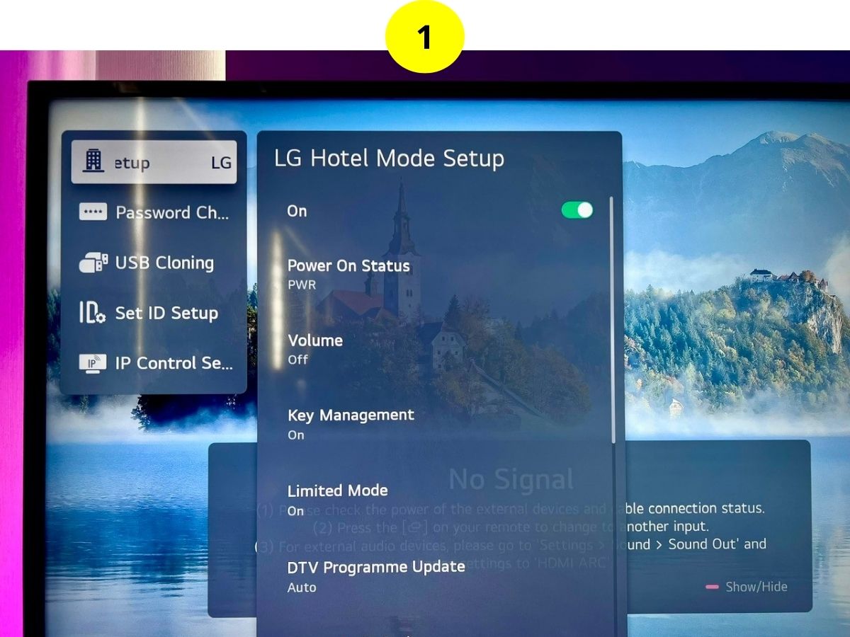 step 1 - hotel mode menu on an lg tv