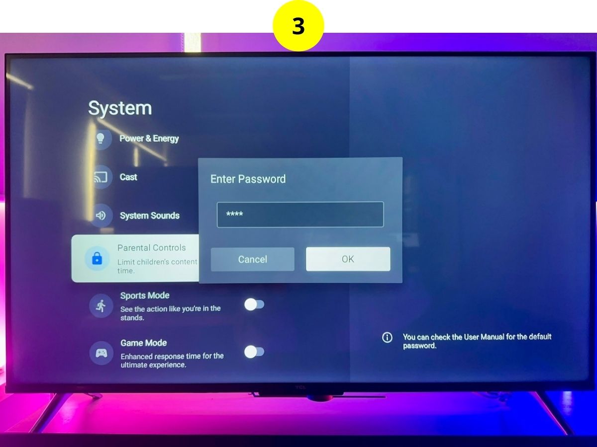 step 3 - enter the pin code on a tcl tv