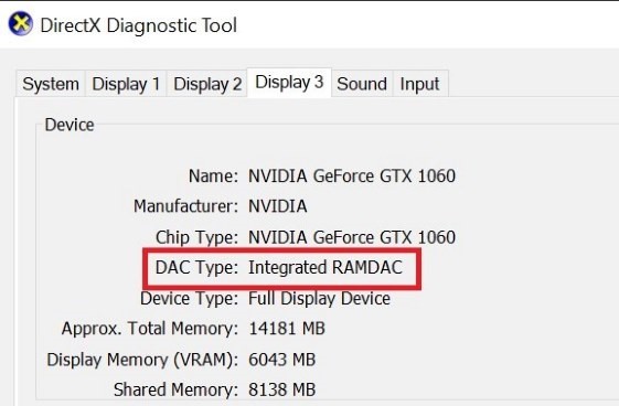 the intergrated RAMDAC info of a GTX 1060 graphics card shown on Windows laptop