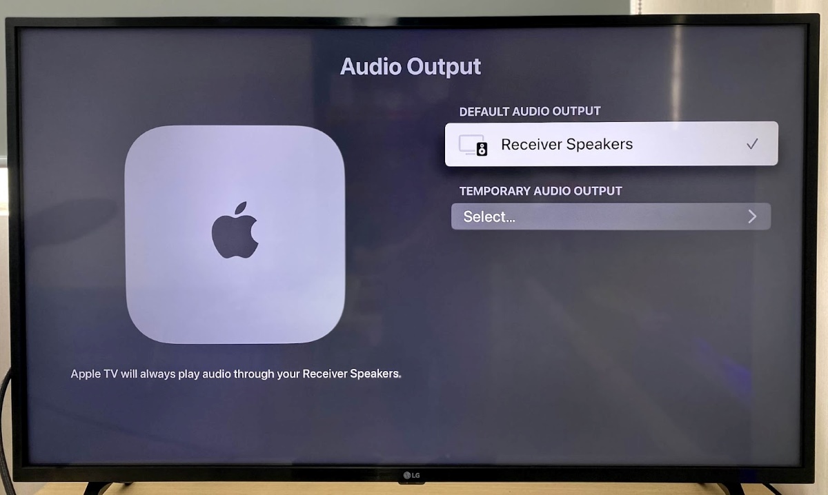 Apple TV's Default Audio Output setting is Receiver Speakers