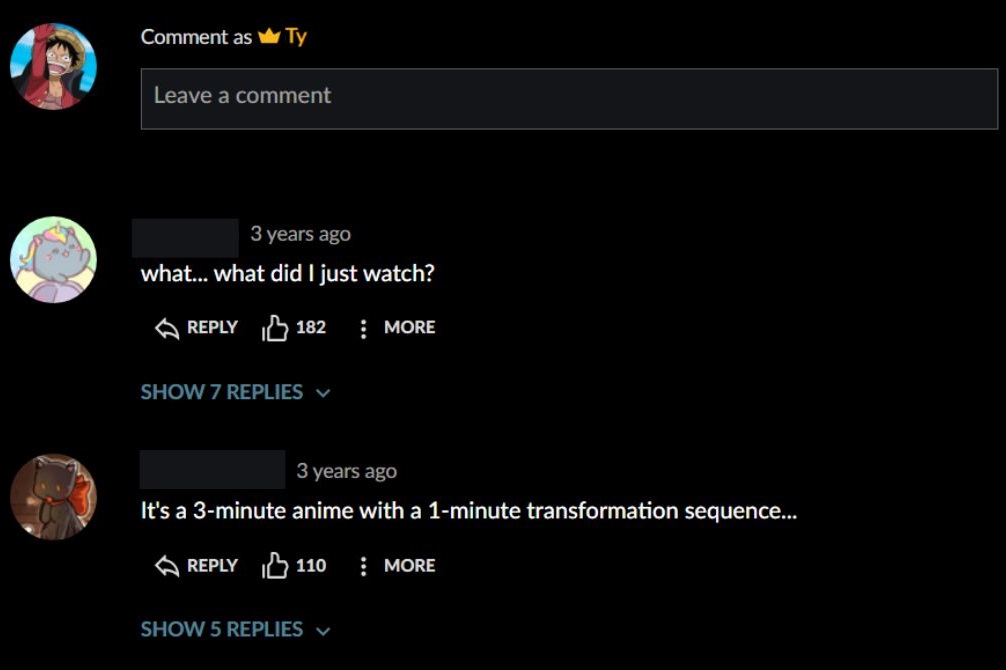 Comments from the Crunchyroll streaming service