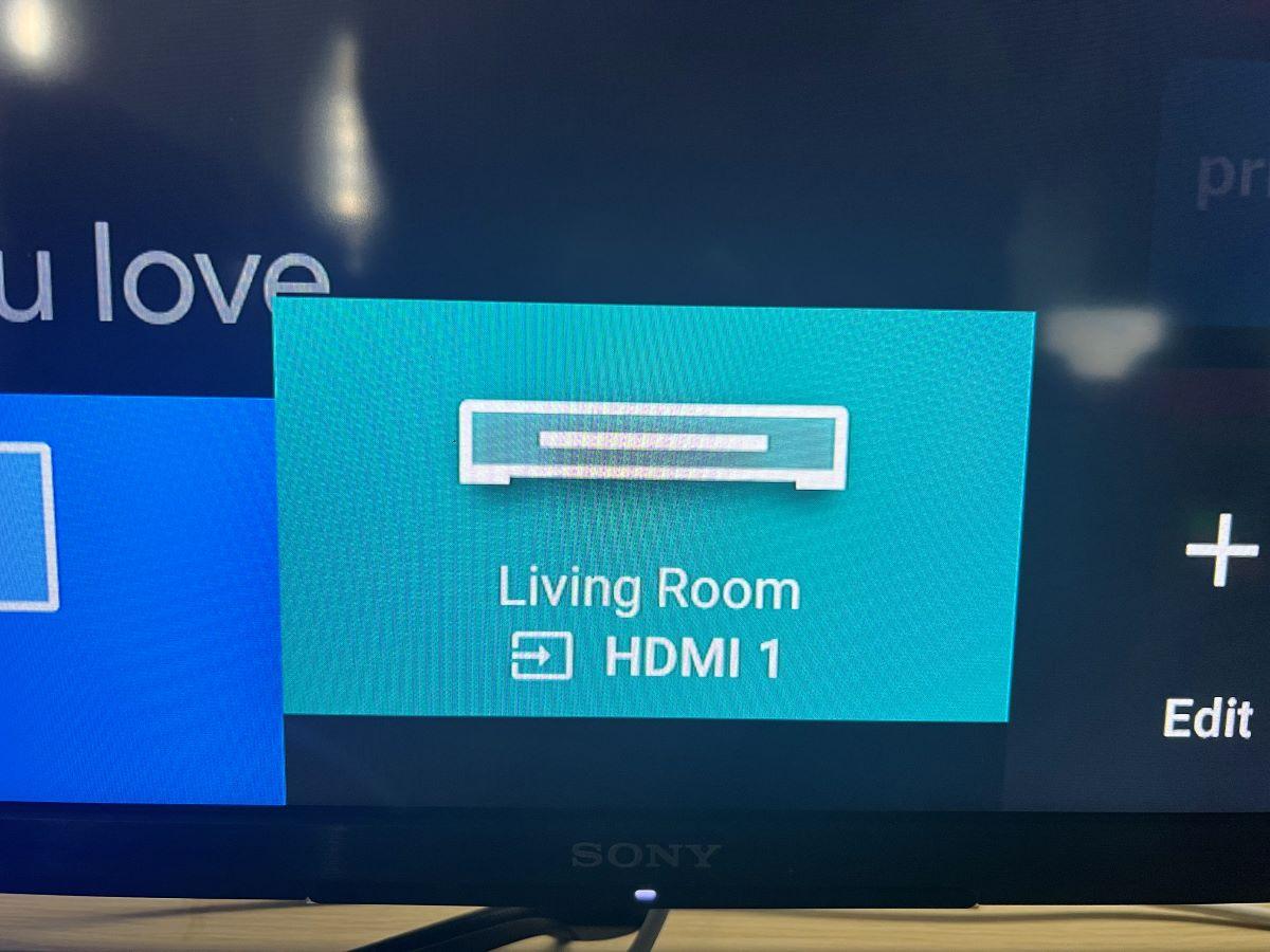 Sony TV is showing the HDMI source named Living Room on the screen