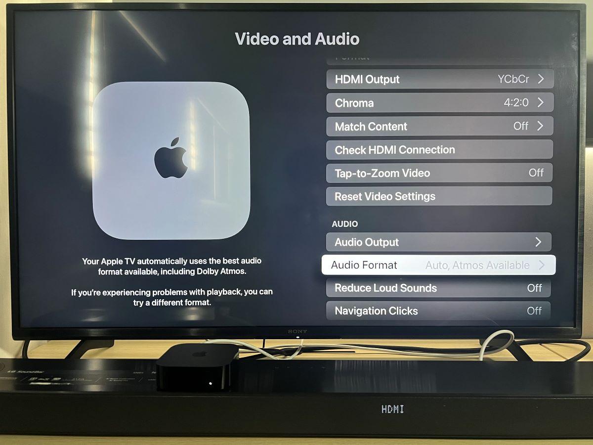 The Audio Format option from the Video and Audio settings on Apple TV display on Sony TV